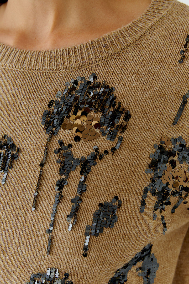 Oui Camel Sequin Detail Pullover Jumper 100086 7549, sequin embellishment detail