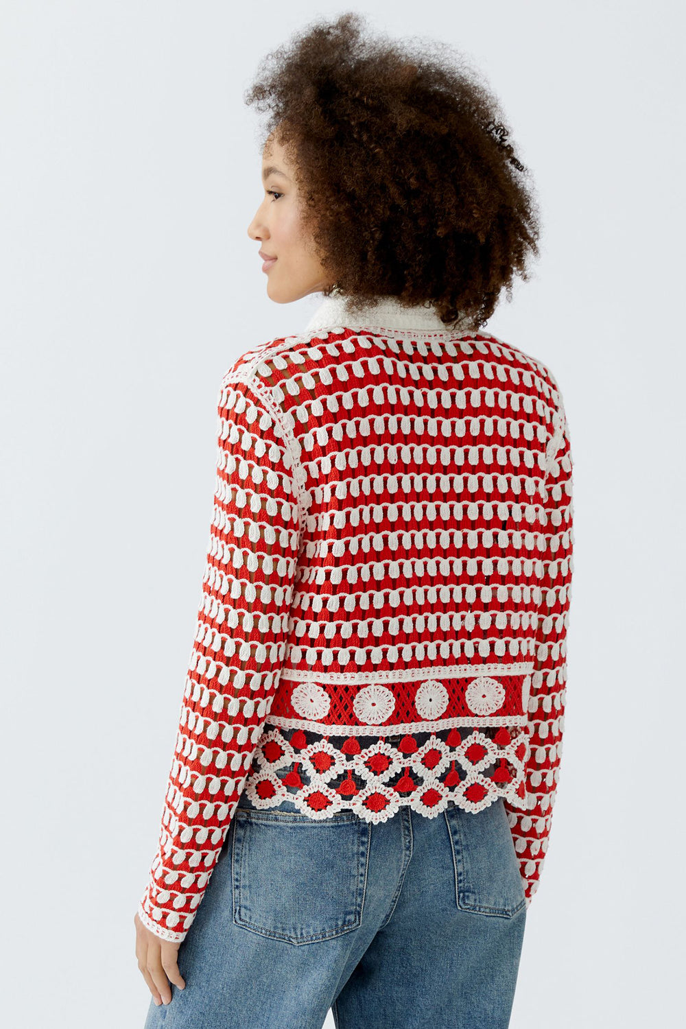 Oui Cardigan 93582 Red White Crochet Knit - Olivia Grace Fashion