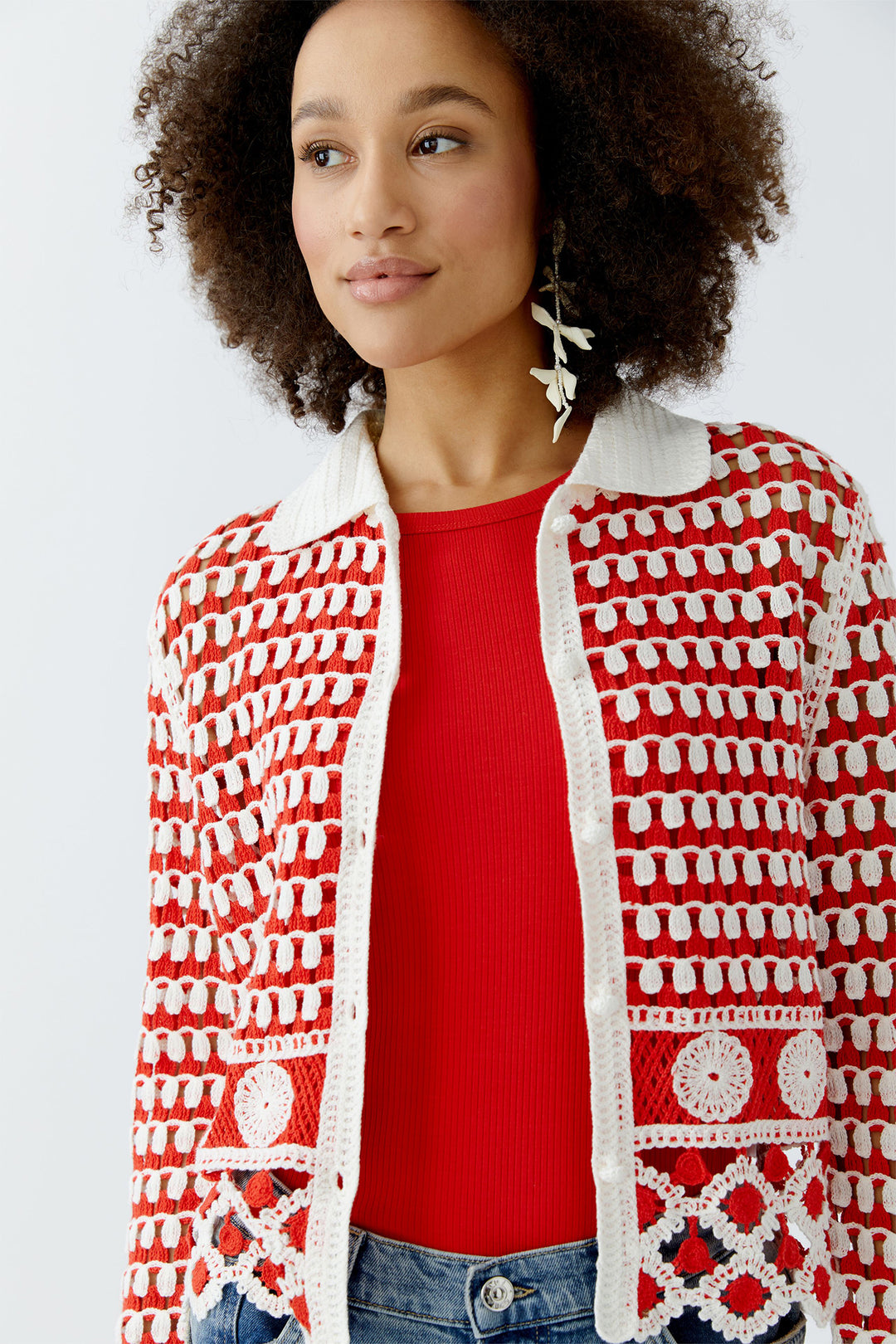 Oui Cardigan 93582 Red White Crochet Knit - Olivia Grace Fashion