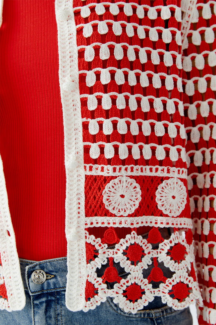 Oui Cardigan 93582 Red White Crochet Knit - Olivia Grace Fashion