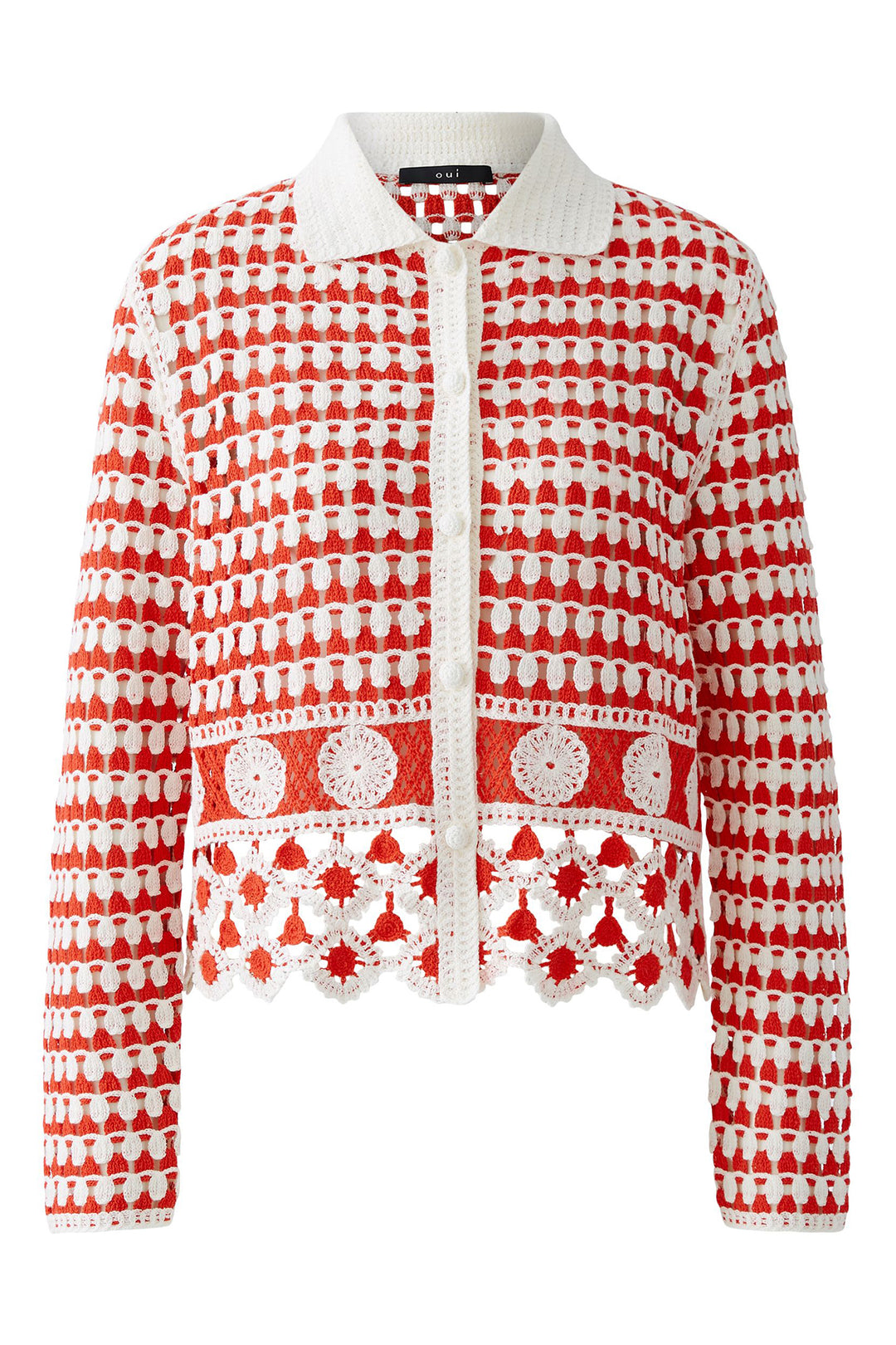 Oui Cardigan 93582 Red White Crochet Knit - Olivia Grace Fashion