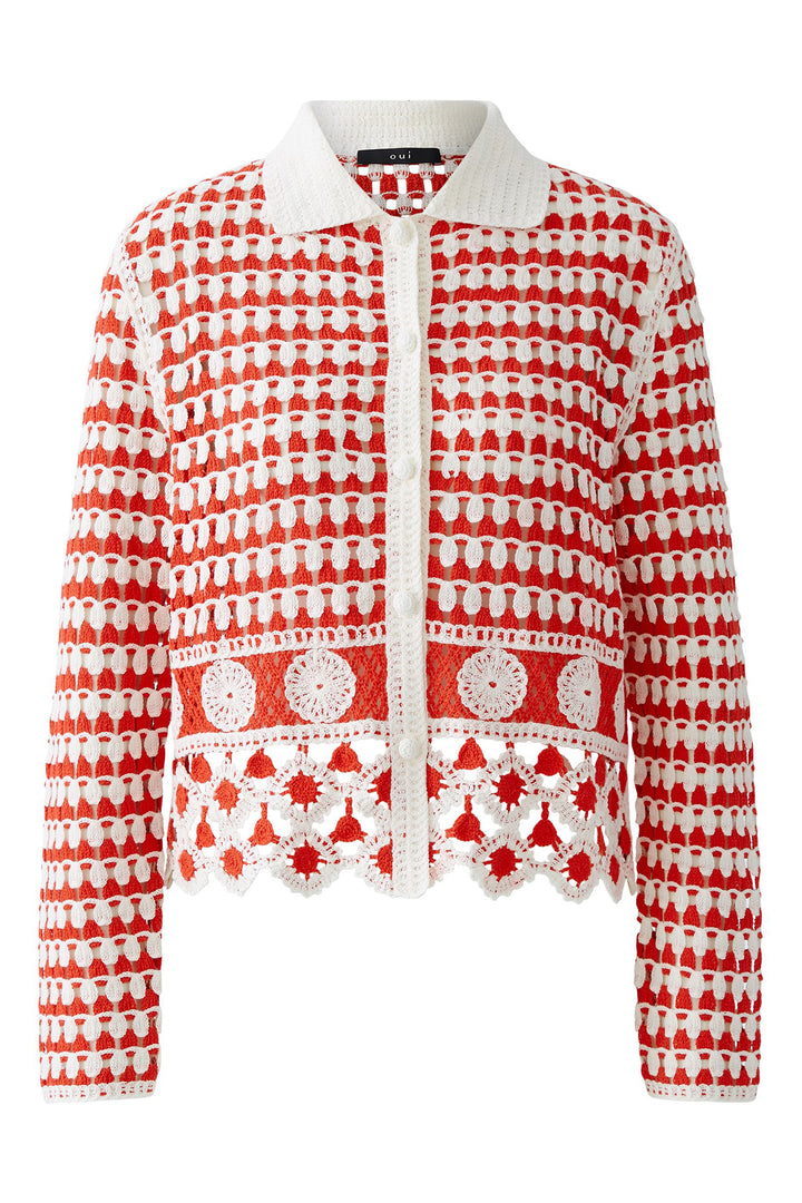 Oui Cardigan 93582 Red White Crochet Knit - Olivia Grace Fashion
