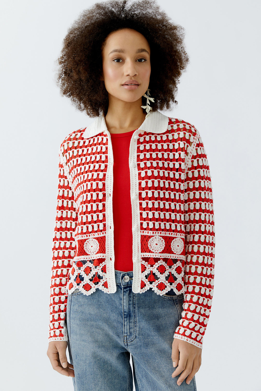 Oui Cardigan 93582 Red White Crochet Knit - Olivia Grace Fashion