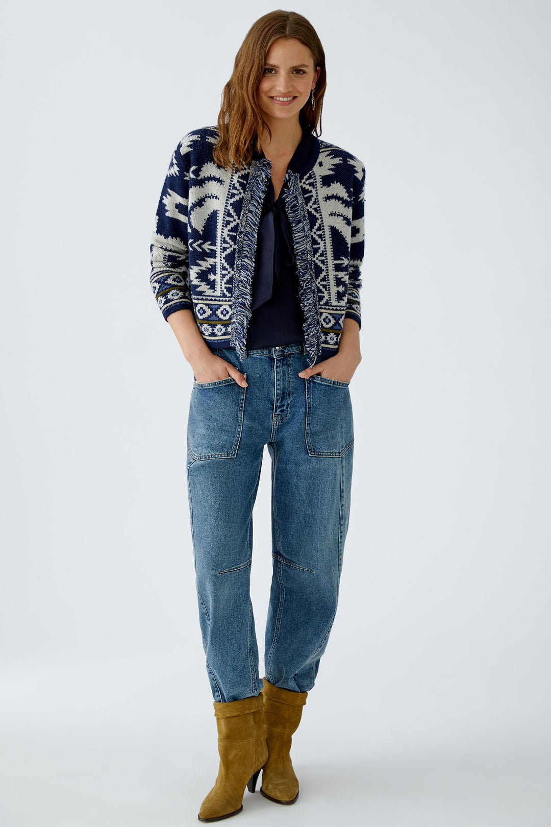 Oui Cardigan 94140 Dark Blue White Navajo Pattern 0571 - Olivia Grace Fashion