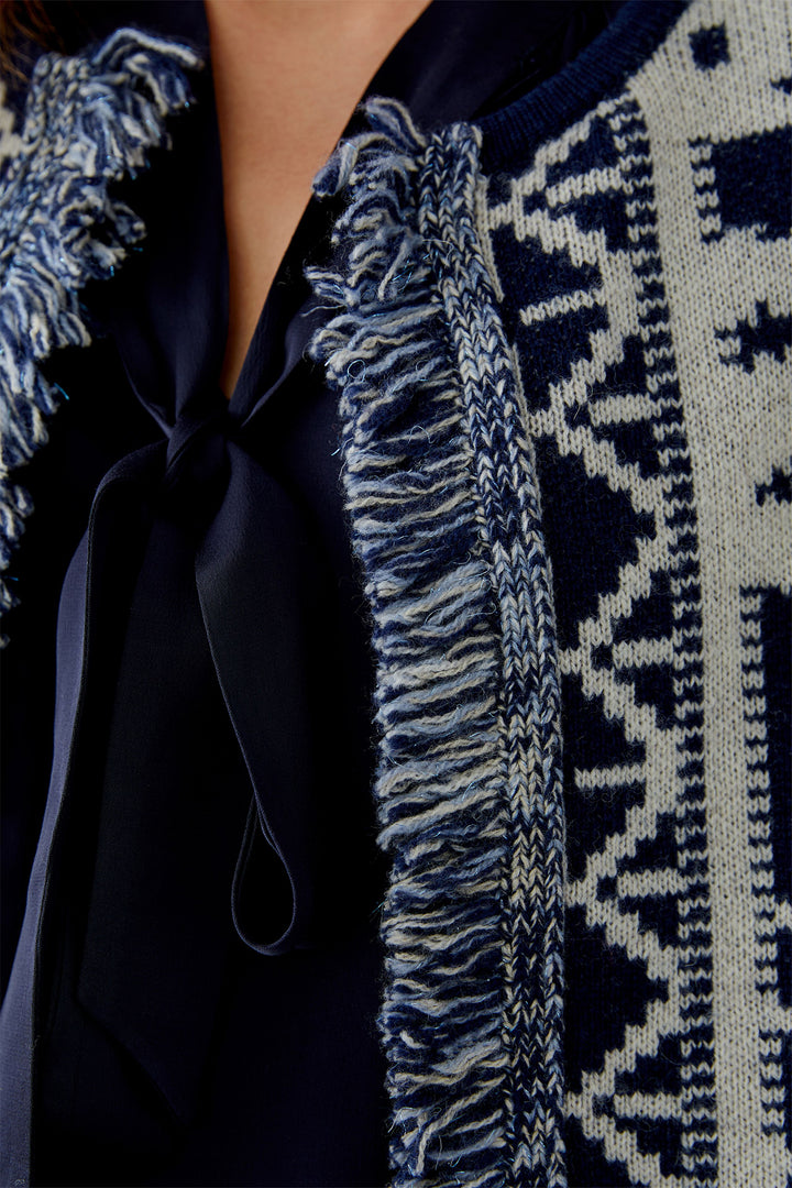 Oui Cardigan 94140 Dark Blue White Navajo Pattern 0571 - Olivia Grace Fashion