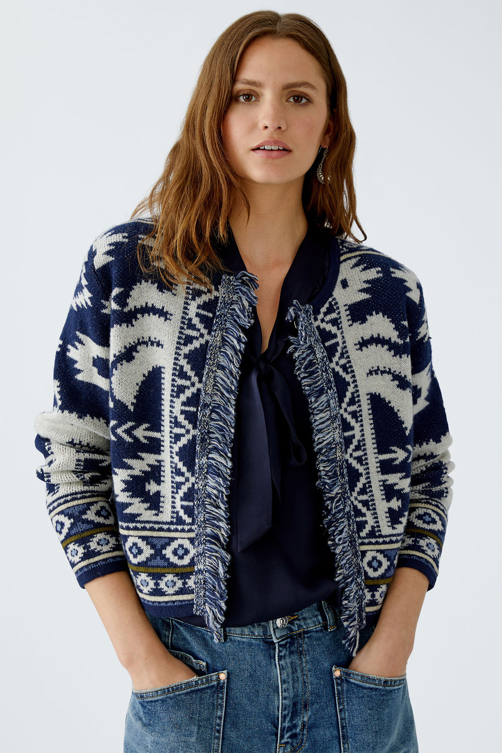 Oui Cardigan 94140 Dark Blue White Navajo Pattern 0571 - Olivia Grace Fashion