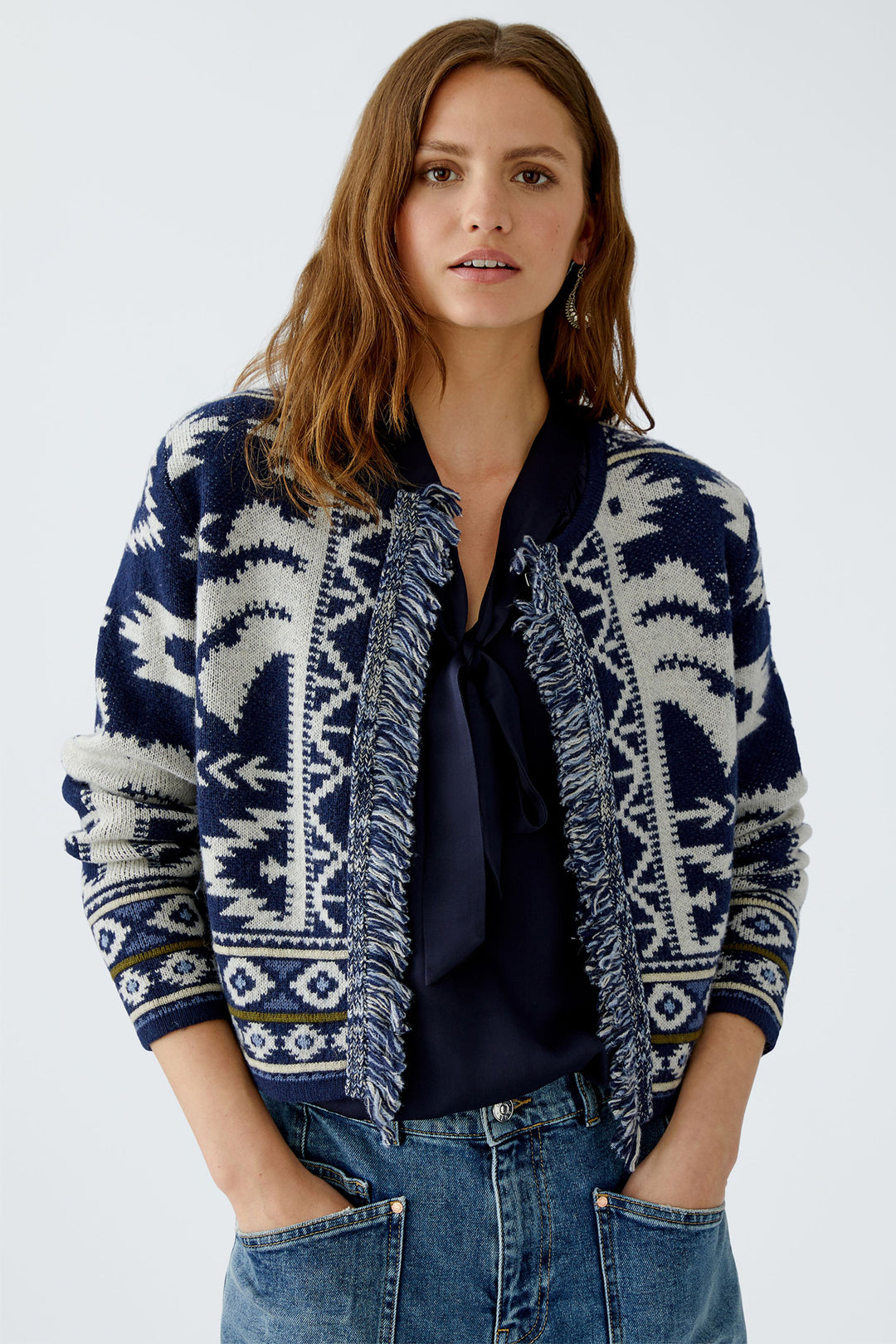 Oui Cardigan 94140 Dark Blue White Navajo Pattern 0571 - Olivia Grace Fashion
