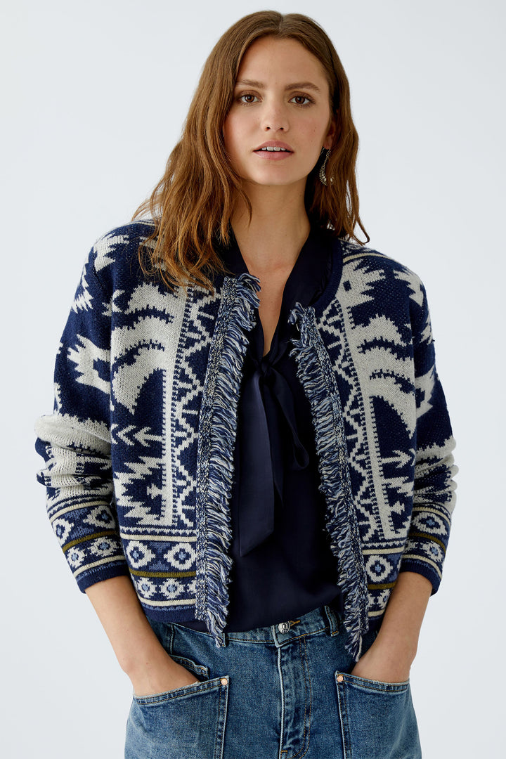 Oui Cardigan 94140 Dark Blue White Navajo Pattern 0571 - Olivia Grace Fashion