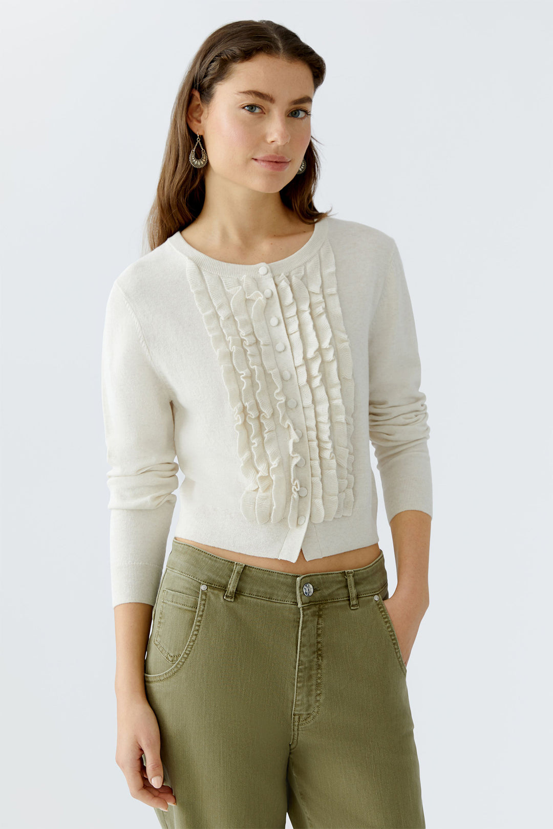 Oui Cardigan 94144 Ruffle Front Off White 1021 - Olivia Grace Fashion
