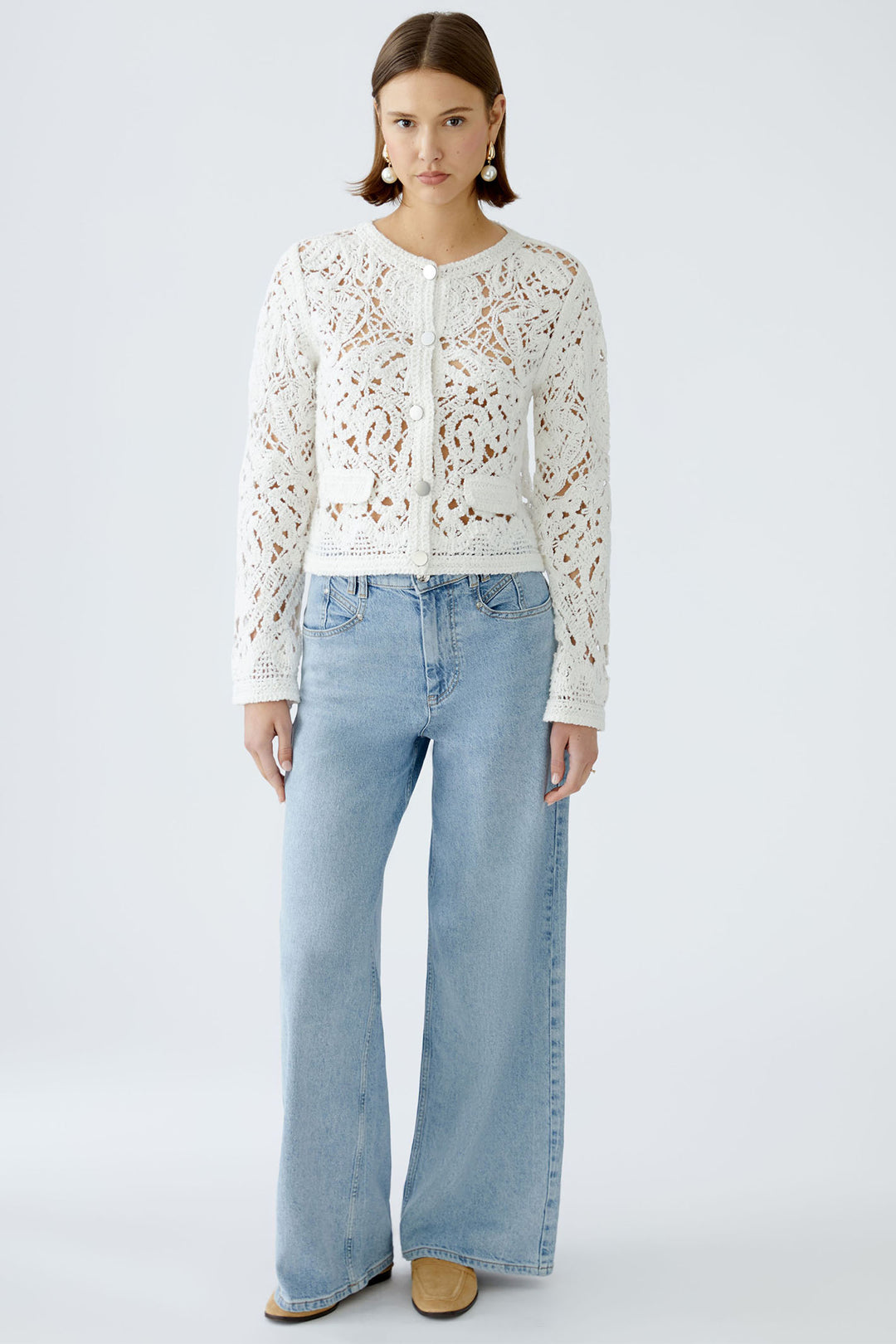 Oui Cardigan Crochet Knit Cloud Dancer White 92057 1006 - Olivia Grace Fashion