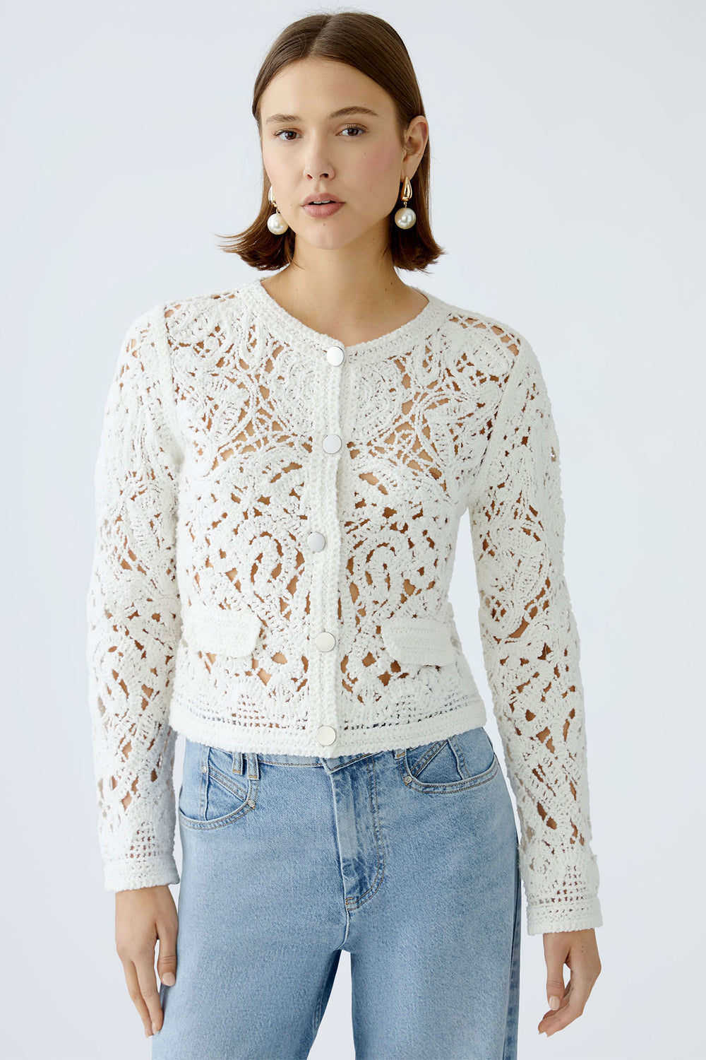Oui Cardigan Crochet Knit Cloud Dancer White 92057 1006 - Olivia Grace Fashion
