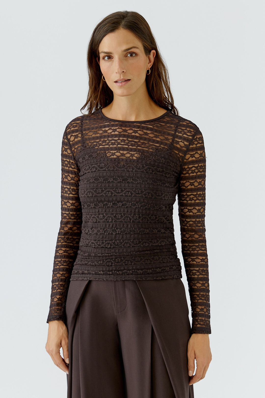 Oui Chocolate Torte Brown Lace Long Sleeve Top 99899 8936, front view on model