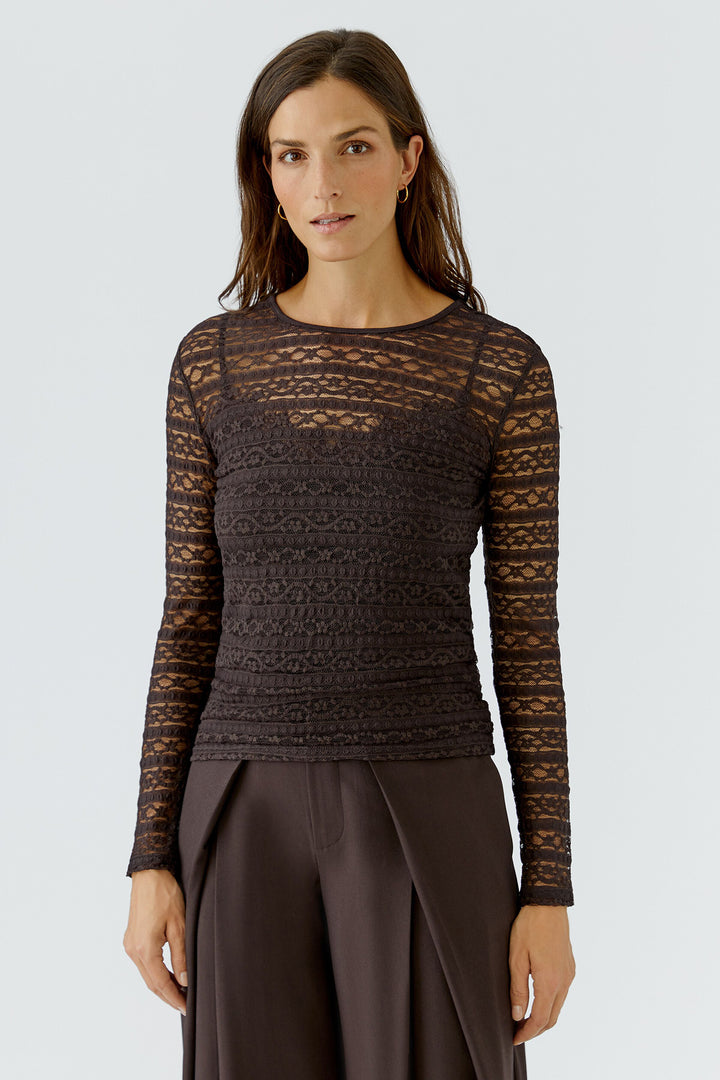 Oui Chocolate Torte Brown Lace Long Sleeve Top 99899 8936, front view on model