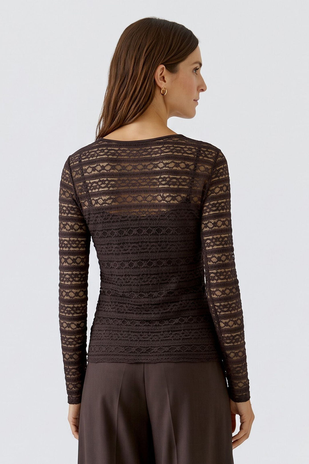 Oui Chocolate Torte Brown Lace Long Sleeve Top 99899 8936, back view on model