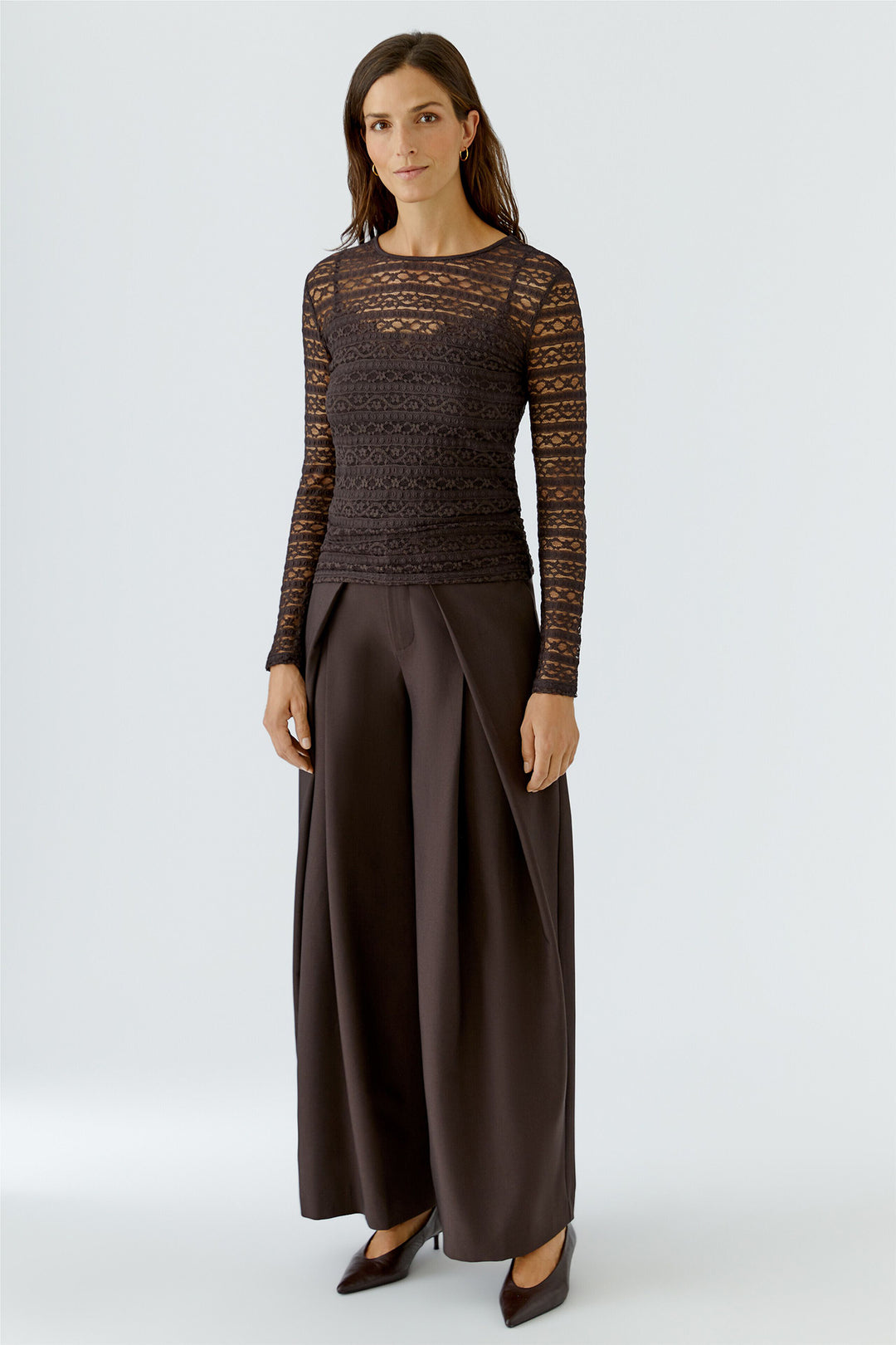 Oui Chocolate Torte Brown Lace Long Sleeve Top 99899 8936, full length front view on model