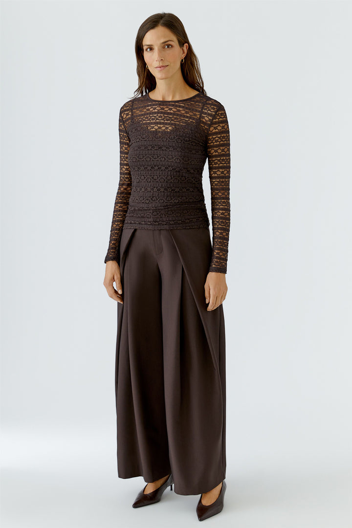 Oui Chocolate Torte Brown Lace Long Sleeve Top 99899 8936, full length front view on model