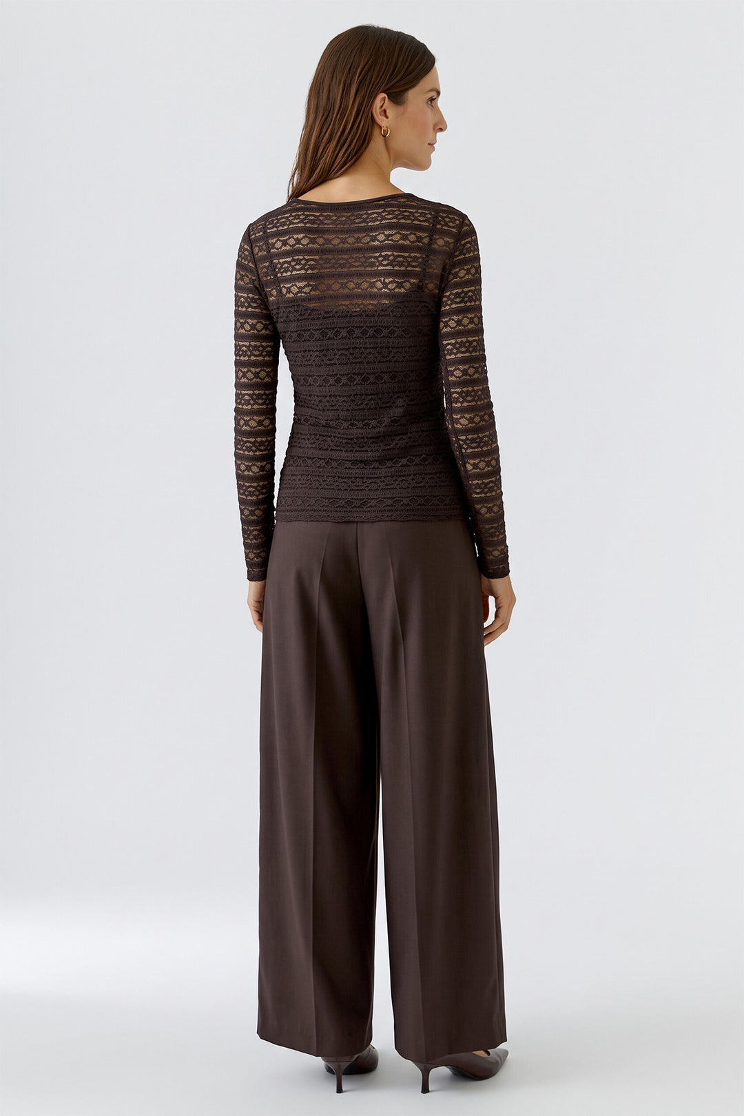 Oui Chocolate Torte Brown Lace Long Sleeve Top 99899 8936, full length back view on model