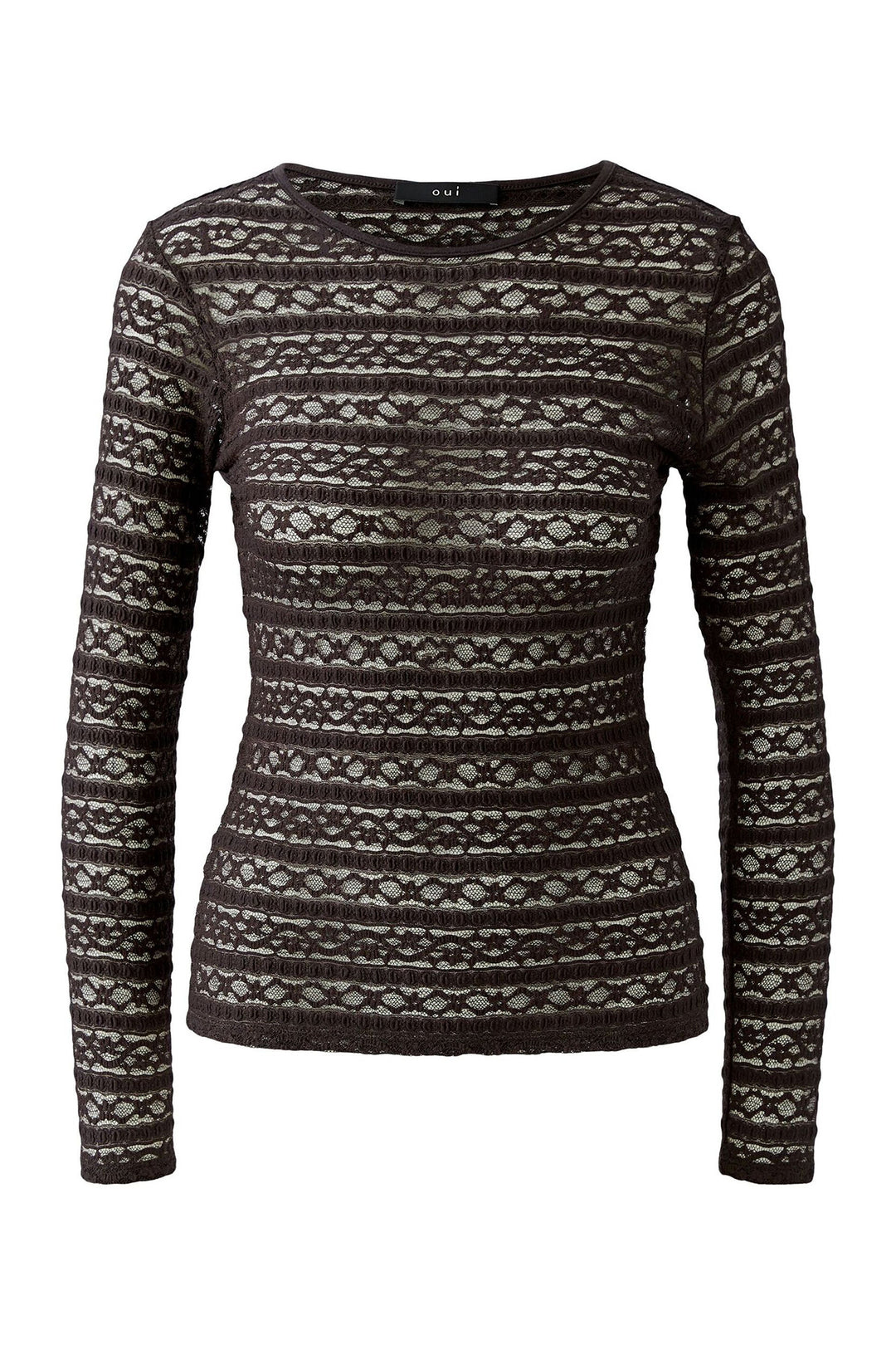 Oui Chocolate Torte Brown Lace Long Sleeve Top 99899 8936, front view