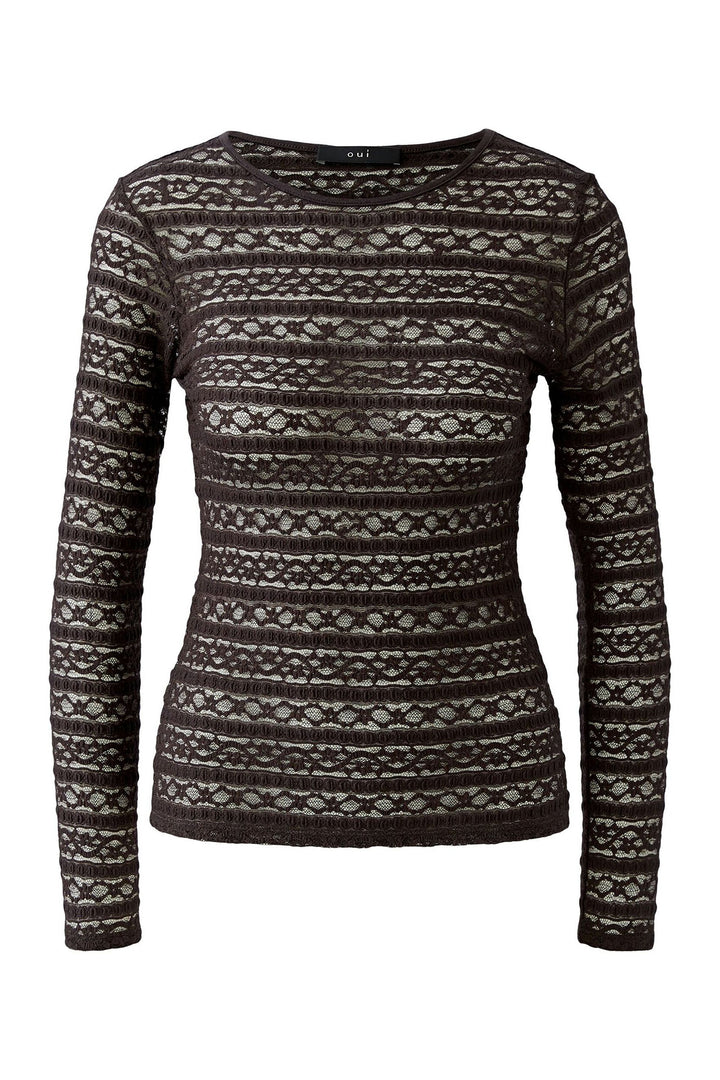 Oui Chocolate Torte Brown Lace Long Sleeve Top 99899 8936, front view
