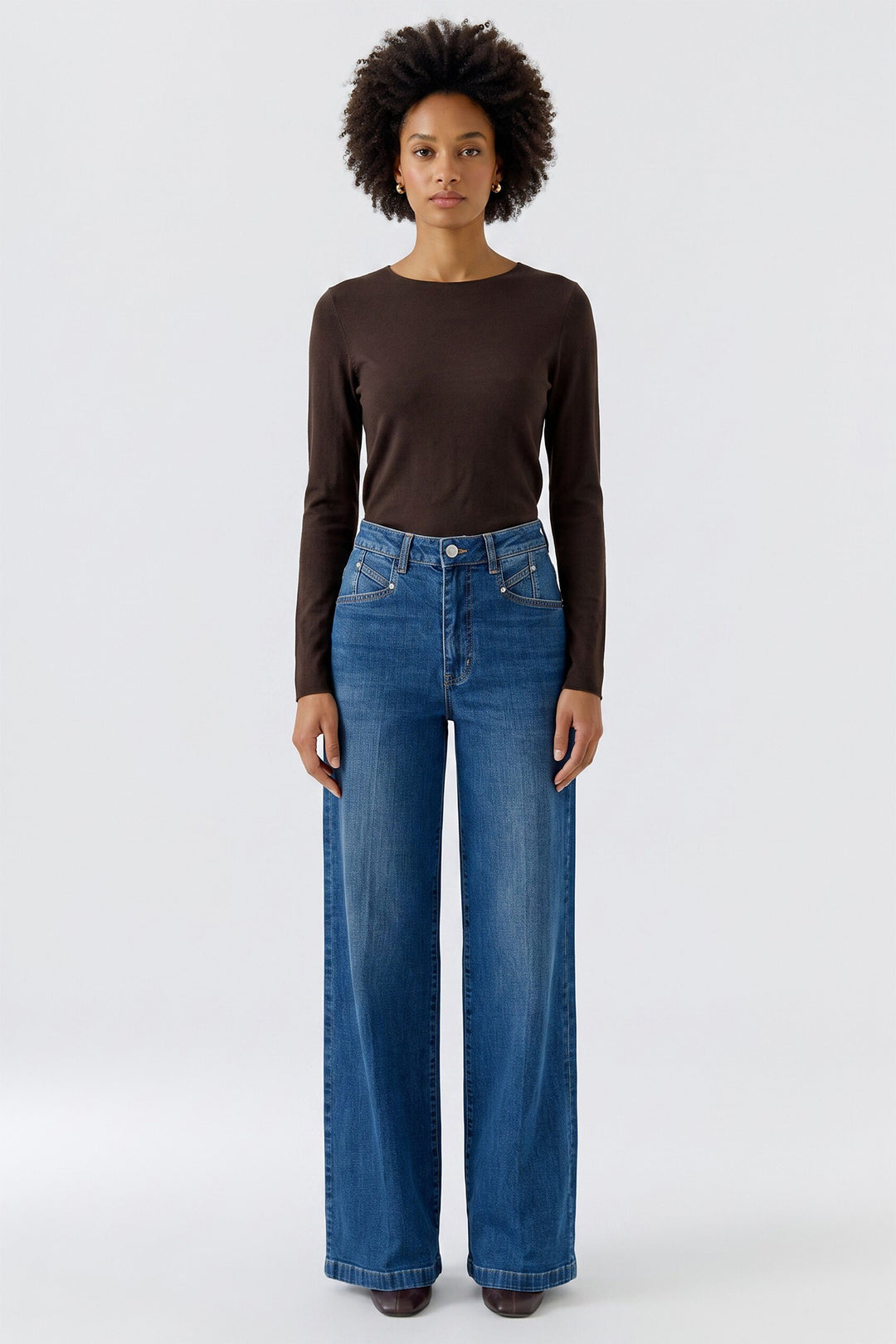 Oui Chocolate Torte Brown Long Sleeve Top 95478 8936, full length front view on model