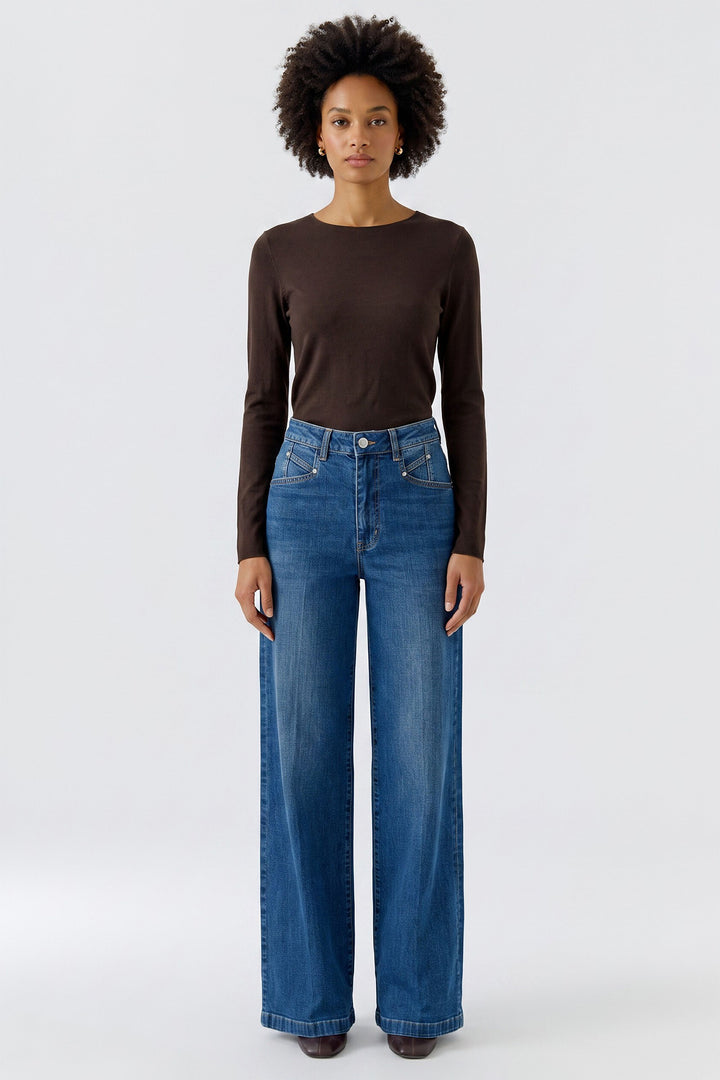 Oui Chocolate Torte Brown Long Sleeve Top 95478 8936, full length front view on model