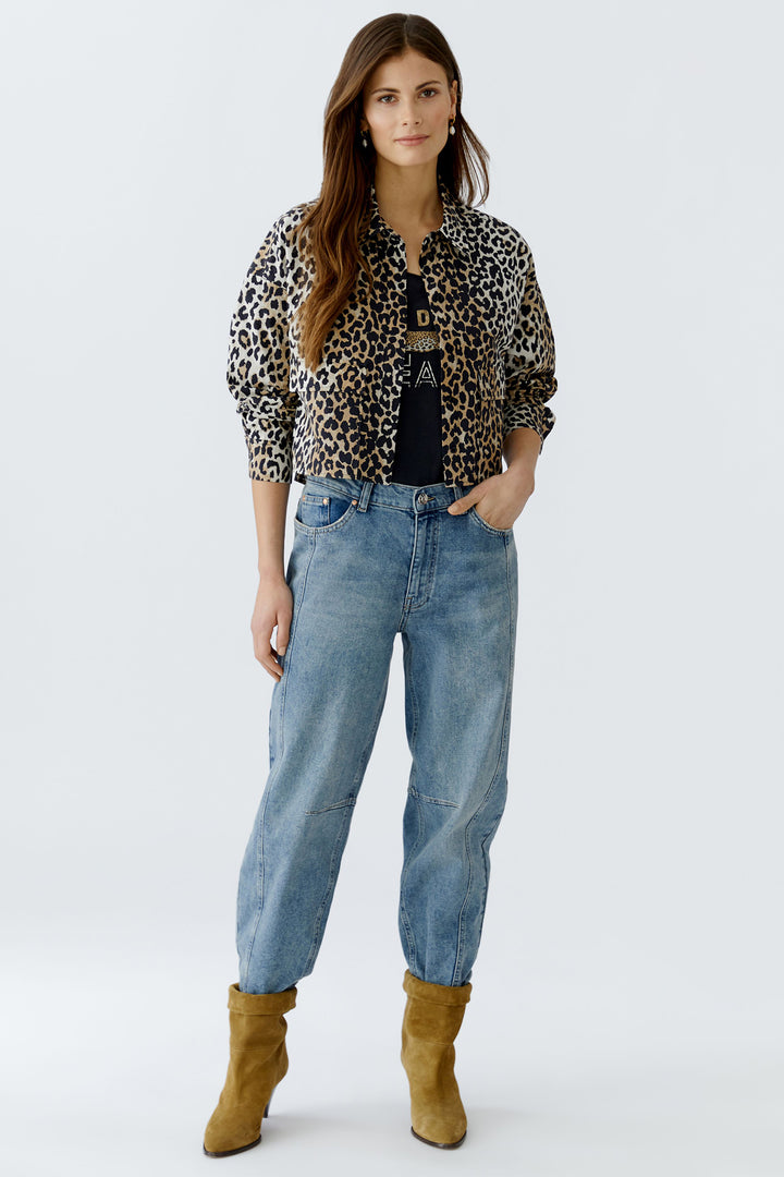 Oui Cropped Blouse 93894 Camel Black Animal Print 0779 - Olivia Grace Fashion