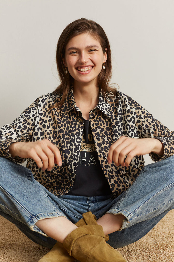 Oui Cropped Blouse 93894 Camel Black Animal Print 0779 - Olivia Grace Fashion