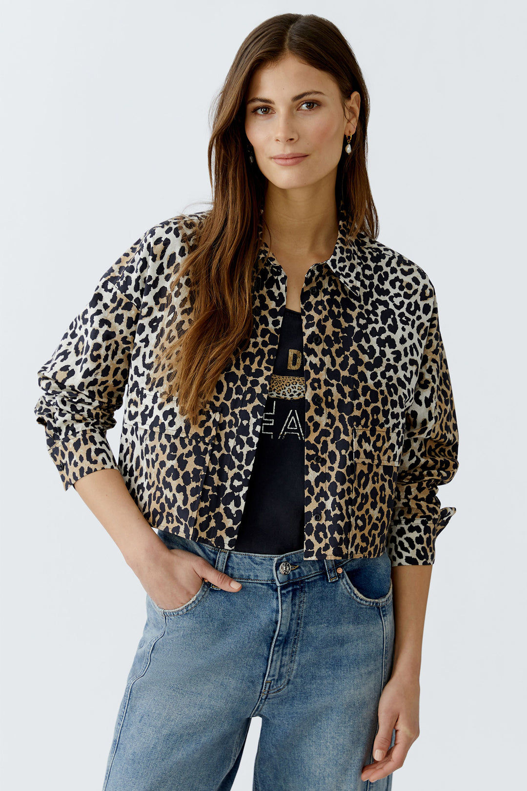 Oui Cropped Blouse 93894 Camel Black Animal Print 0779 - Olivia Grace Fashion