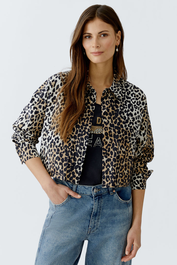 Oui Cropped Blouse 93894 Camel Black Animal Print 0779 - Olivia Grace Fashion