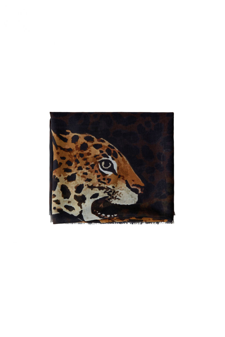 Oui Dark Brown Camel Leopard Print Scarf 99115
