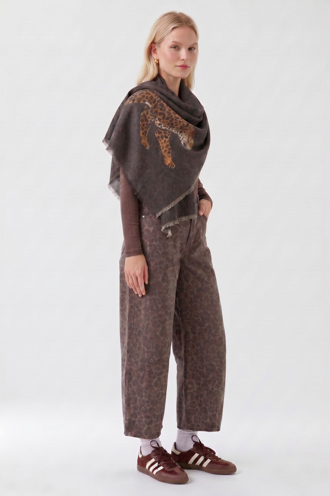 Oui Dark Brown Camel Leopard Print Scarf 99115