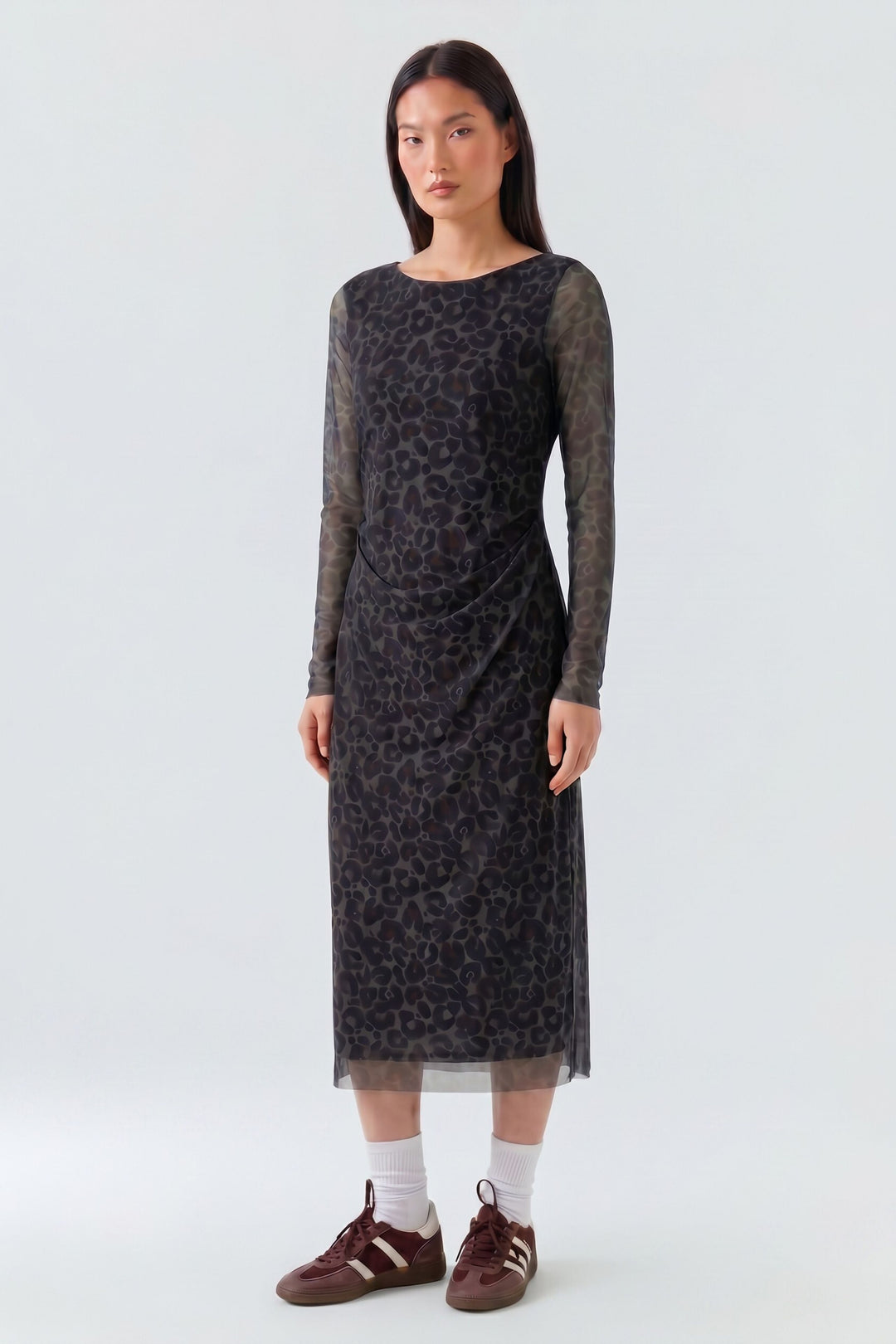 Oui Dark Brown Grey-Black Animal Print Dress 100341 at Olivia Grace Fashion