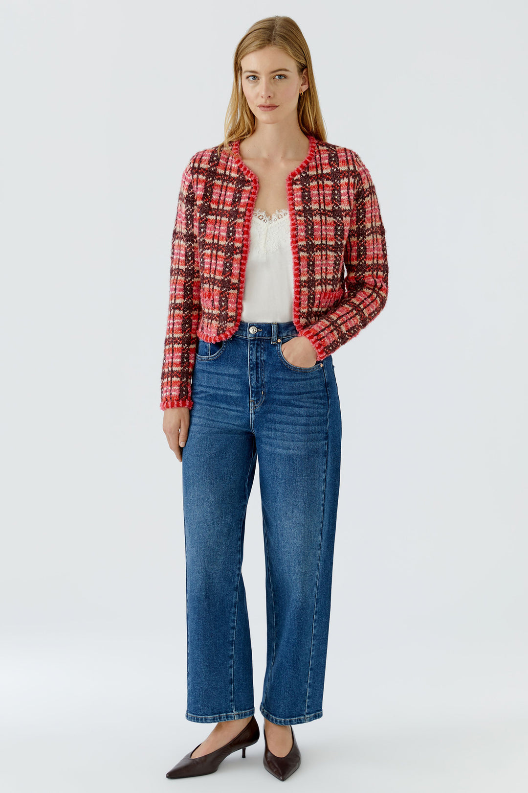 Oui 99765 Dark Red Check Knit Collarless Cardigan at Olivia Grace Fashion