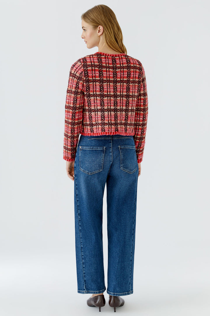 Oui 99765 Dark Red Check Knit Collarless Cardigan at Olivia Grace Fashion
