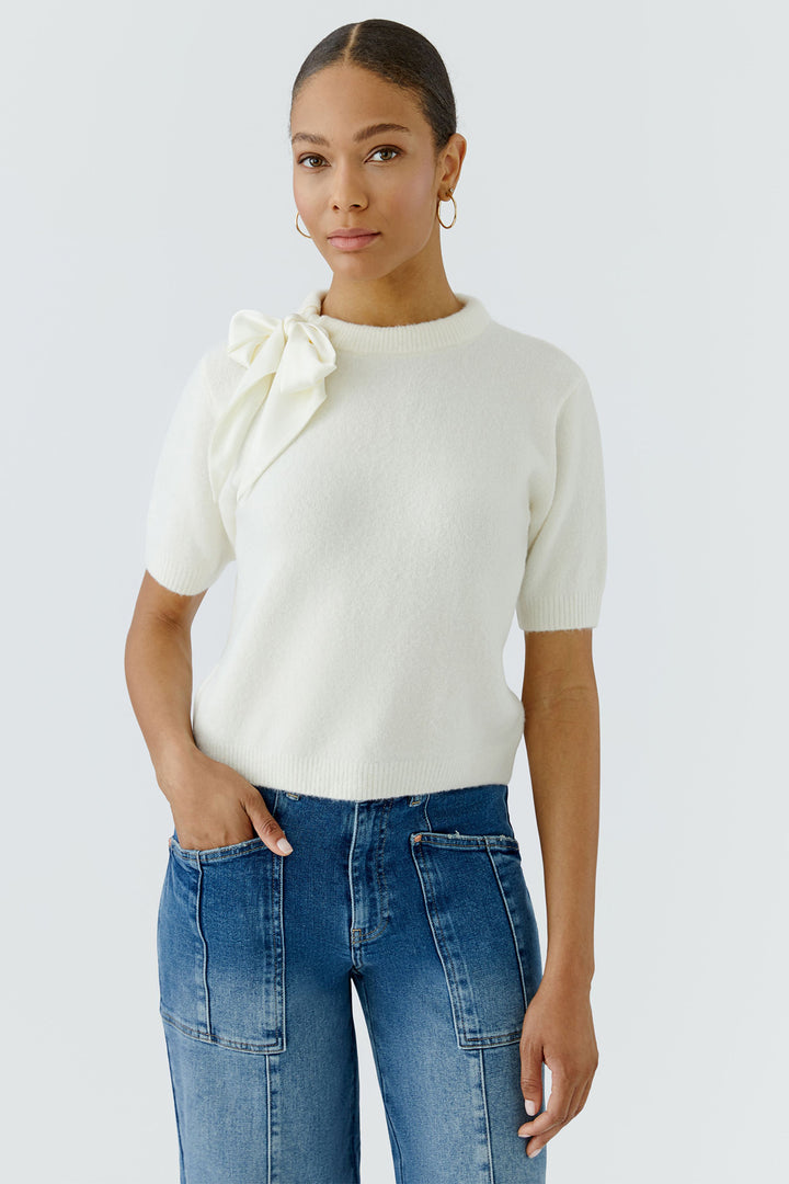 Oui Gardenia Bow Neck Short Sleeve Jumper 98988 at Olivia Grace Fashion