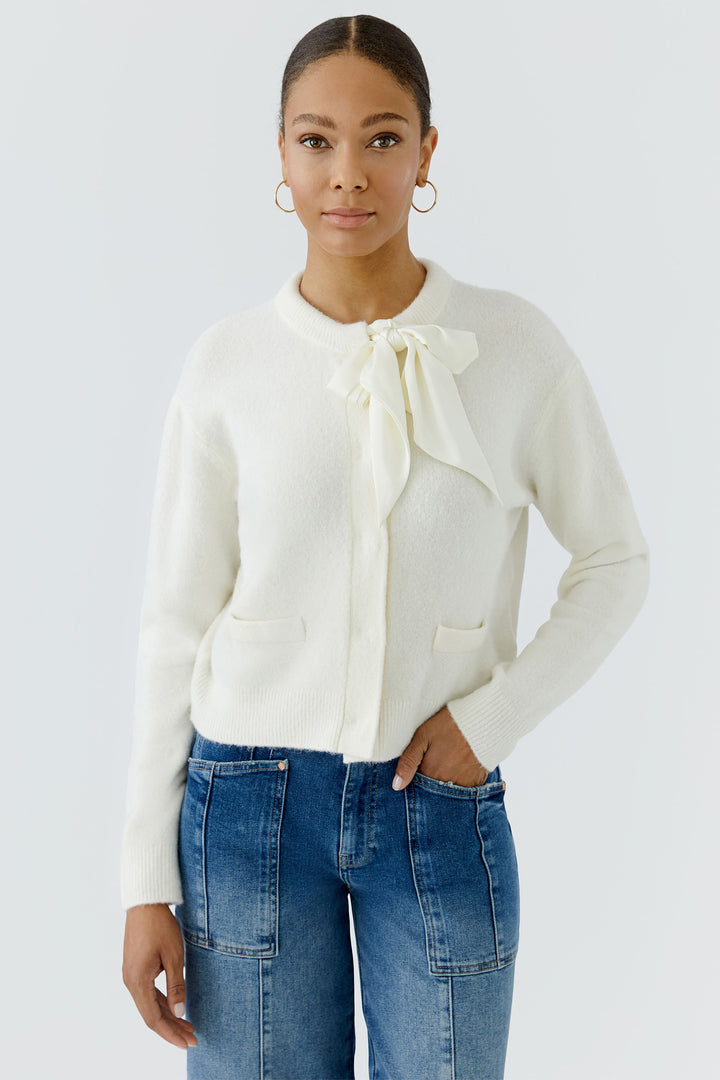 Oui Gardenia bow neck knit jacket at Olivia Grace Fashion