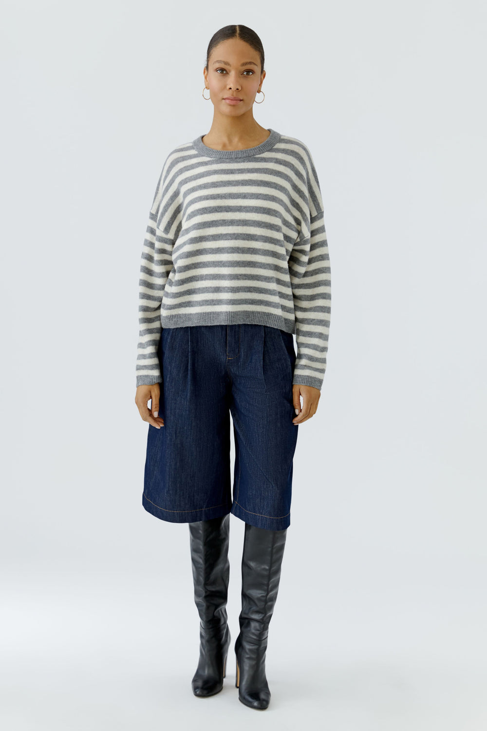 Oui Grey White Stripe Relaxed Fit Jumper 92275 at Olivia Grace Fashion
