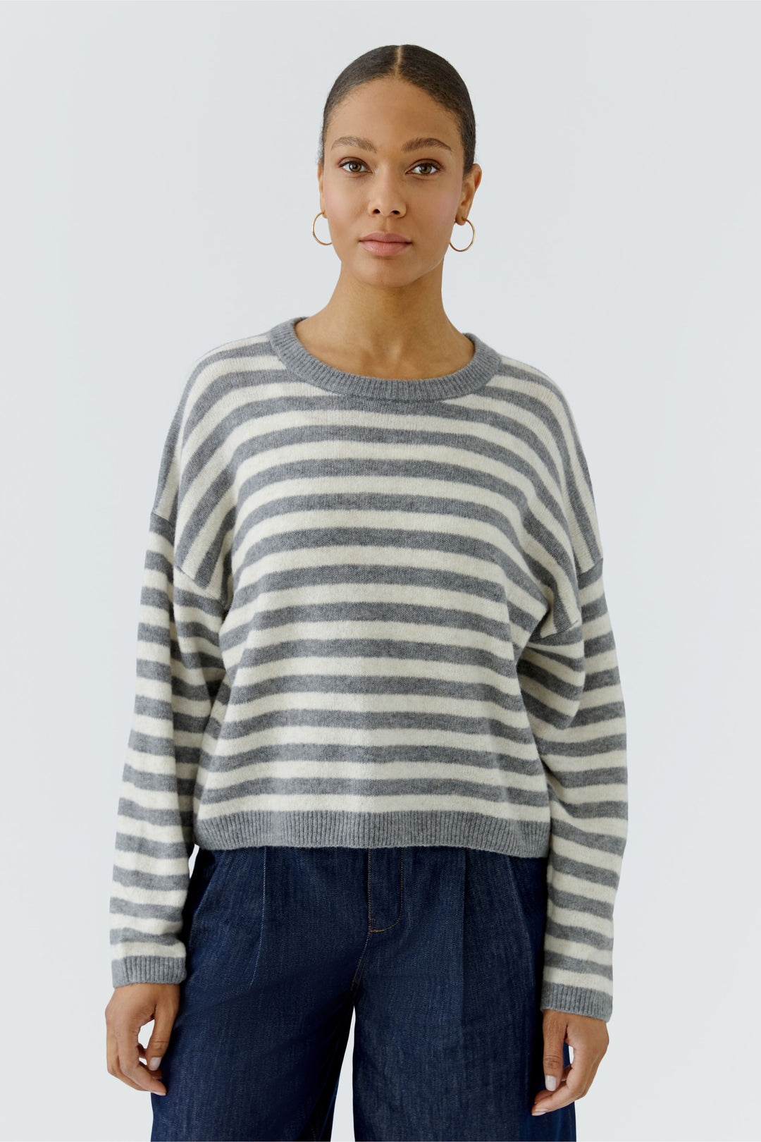 Oui Grey White Stripe Relaxed Fit Jumper 92275 at Olivia Grace Fashion
