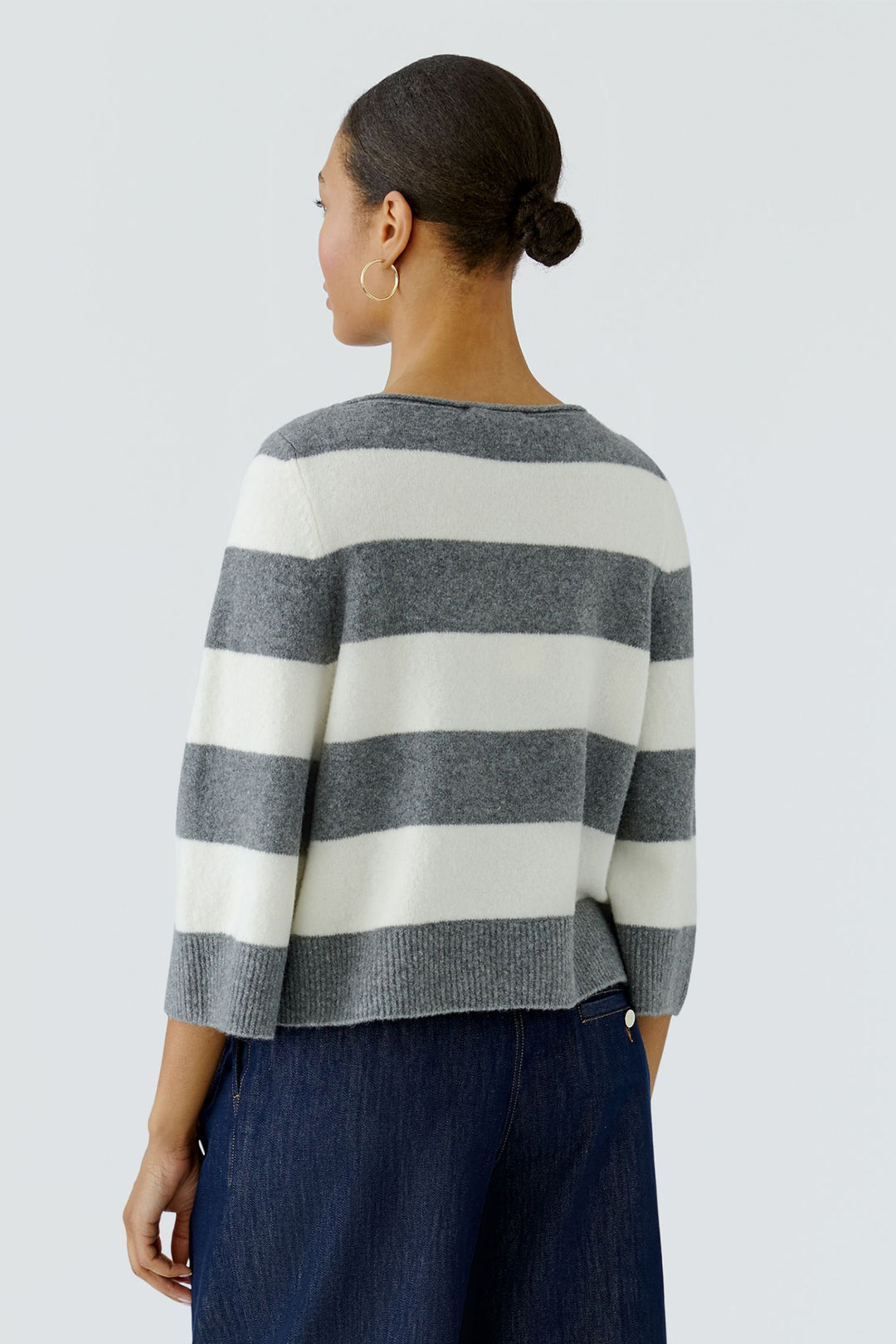 Oui Grey White Stripe Wide Neck Jumper 98974 at Olivia Grace Fashion
