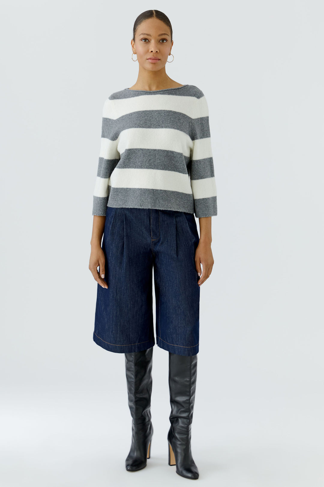 Oui Grey White Stripe Wide Neck Jumper 98974 at Olivia Grace Fashion