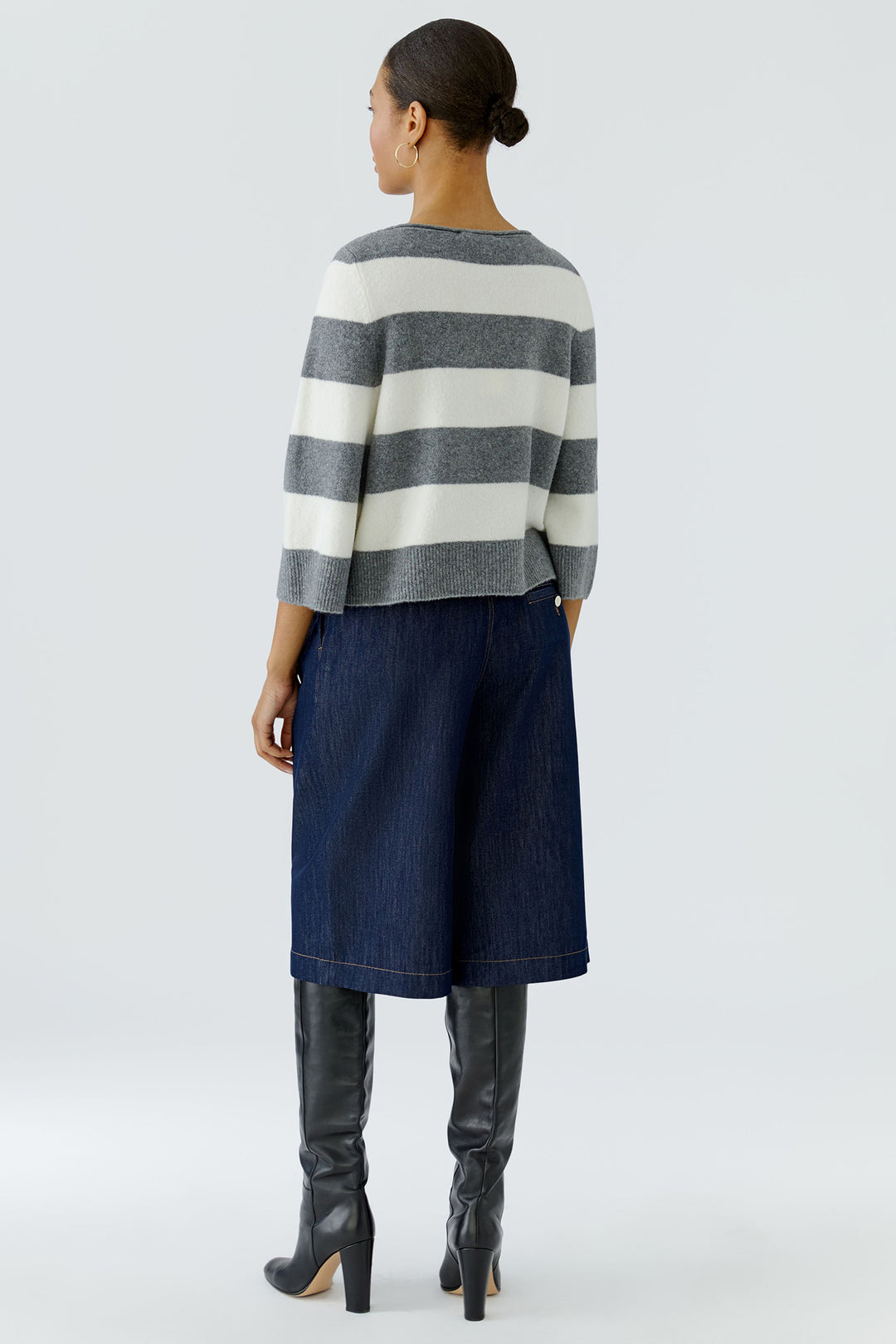 Oui Grey White Stripe Wide Neck Jumper 98974 at Olivia Grace Fashion