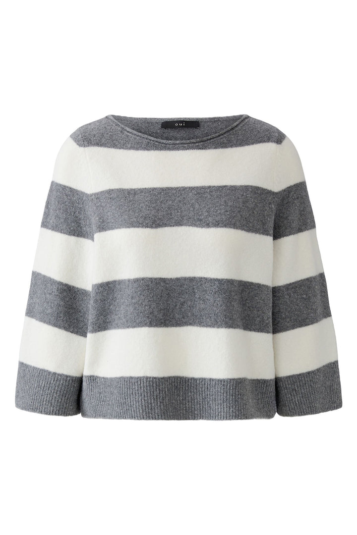 Oui Grey White Stripe Wide Neck Jumper 98974 at Olivia Grace Fashion