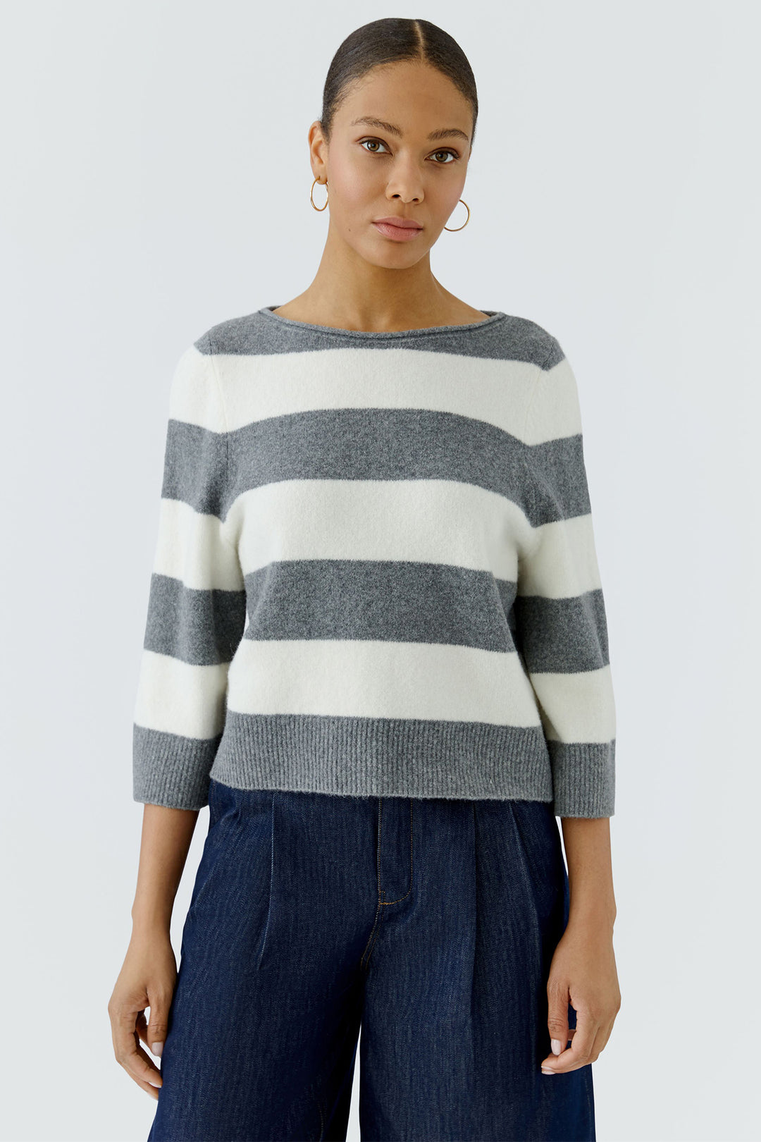 Oui Grey White Stripe Wide Neck Jumper 98974 at Olivia Grace Fashion