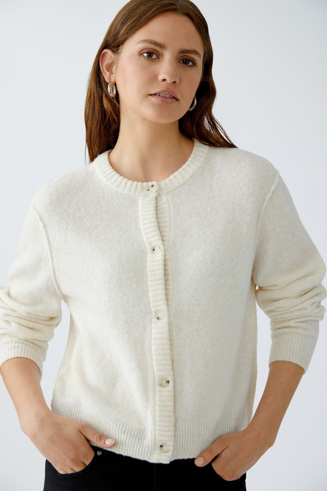 Oui Ilaya off white round neck cardigan at Olivia Grace Fashion