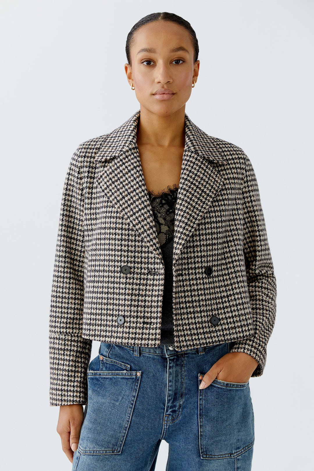 Oui Jacket 94479 Light Stone Brown Houndstooth 0728 - Olivia Grace Fashion