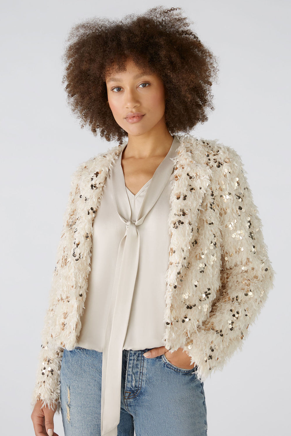 Oui Jacket Off White Cream Camel Sequin Detail 88857-0117 - Olivia Grace Fashion