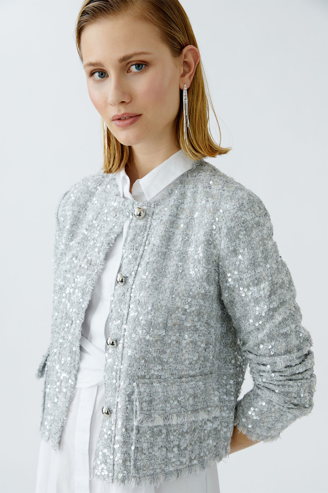 Oui Jacket Silver Sequin Boucle Button Front 92065 9624 - Olivia Grace Fashion