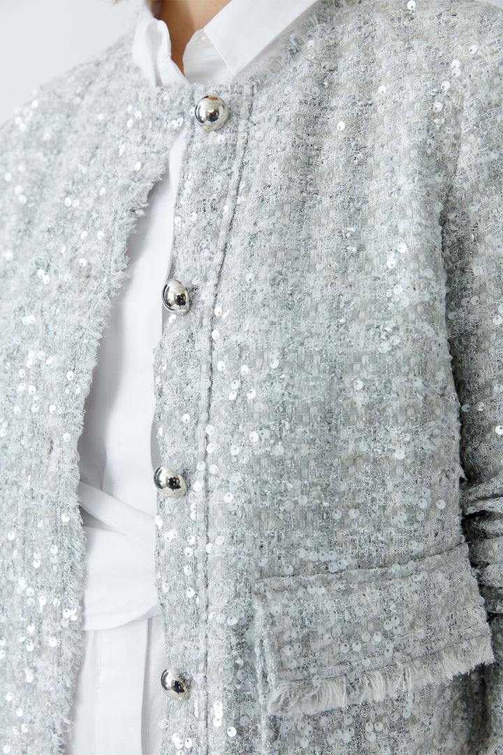 Oui Jacket Silver Sequin Boucle Button Front 92065 9624 - Olivia Grace Fashion