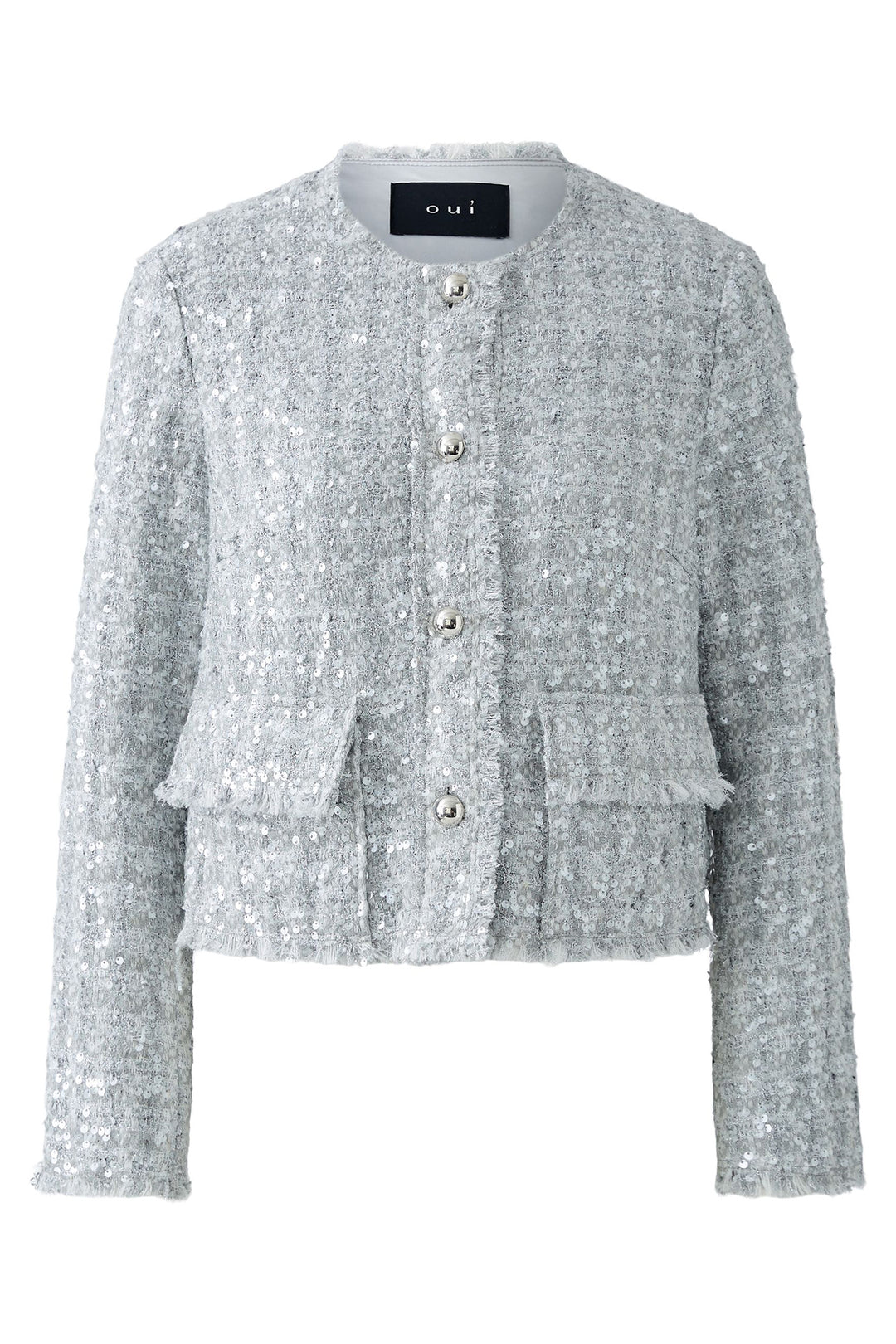 Oui Jacket Silver Sequin Boucle Button Front 92065 9624 - Olivia Grace Fashion