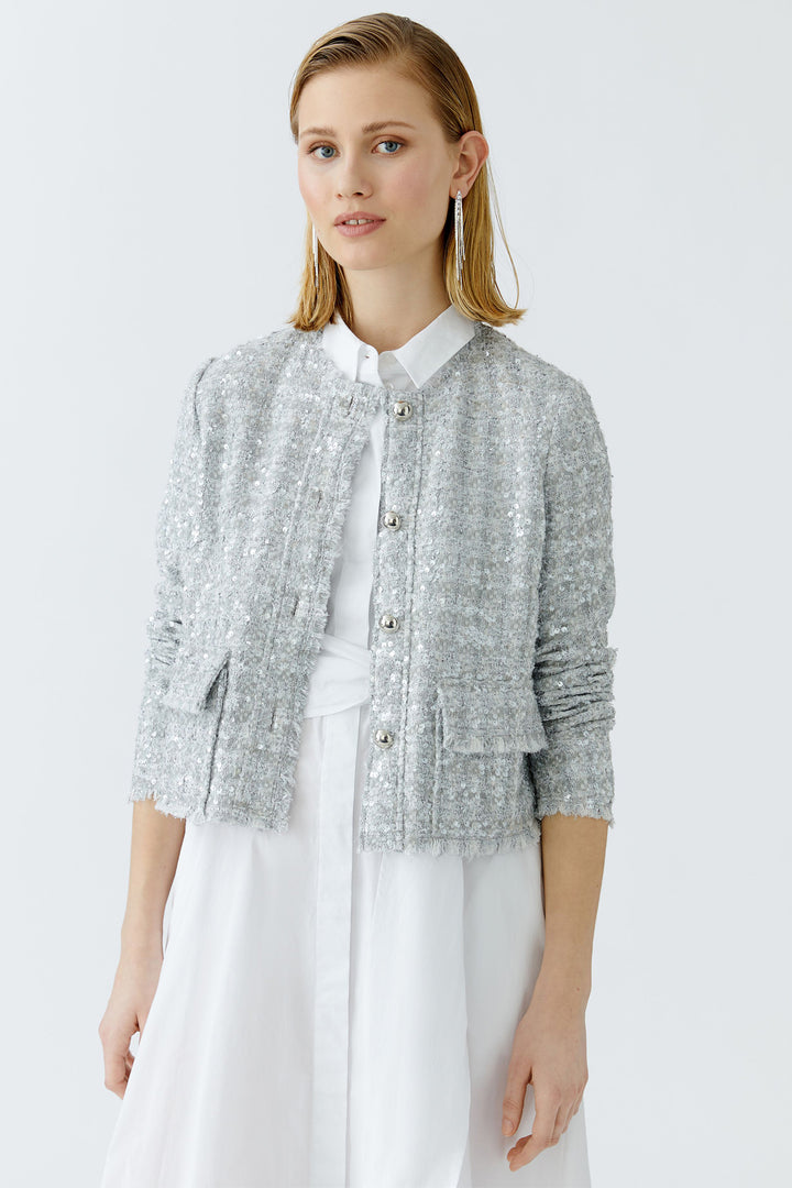 Oui Jacket Silver Sequin Boucle Button Front 92065 9624 - Olivia Grace Fashion